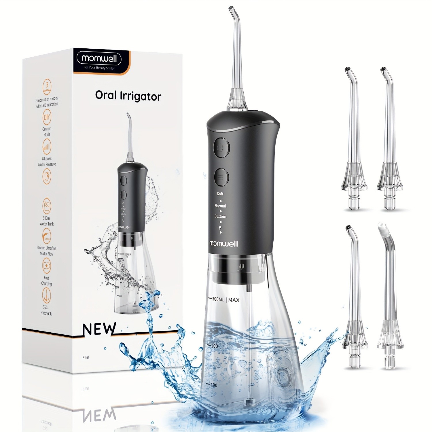 Mornwell Portable Water Flosser with 4 Nozzles & 3 Pressure Settings
