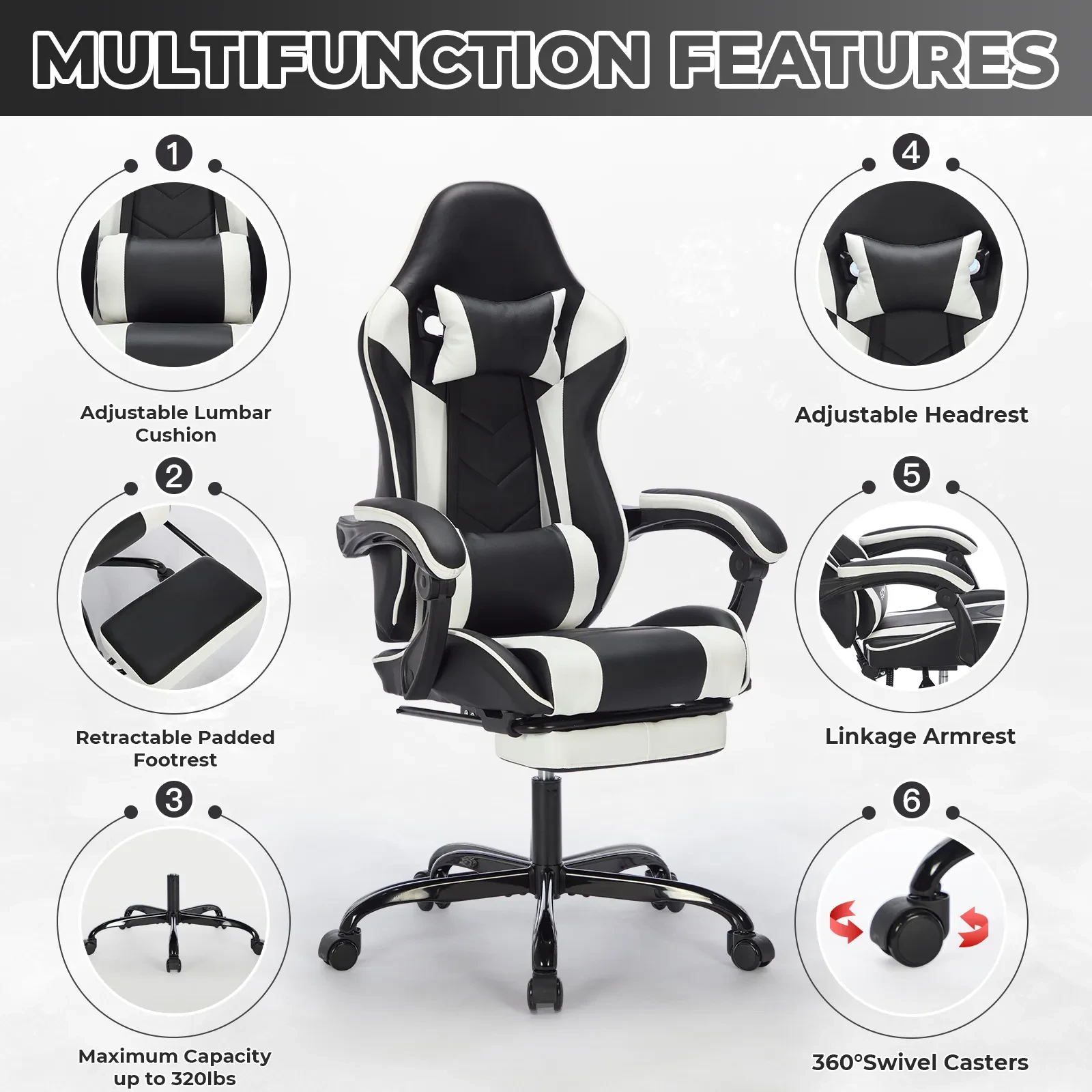Gaming Chair With Footrest, Ergonomic Computer Chair With Headrest And Lumbar Support, Breathable Material Height Adjustable Video Game Chairs For Adults, Black White