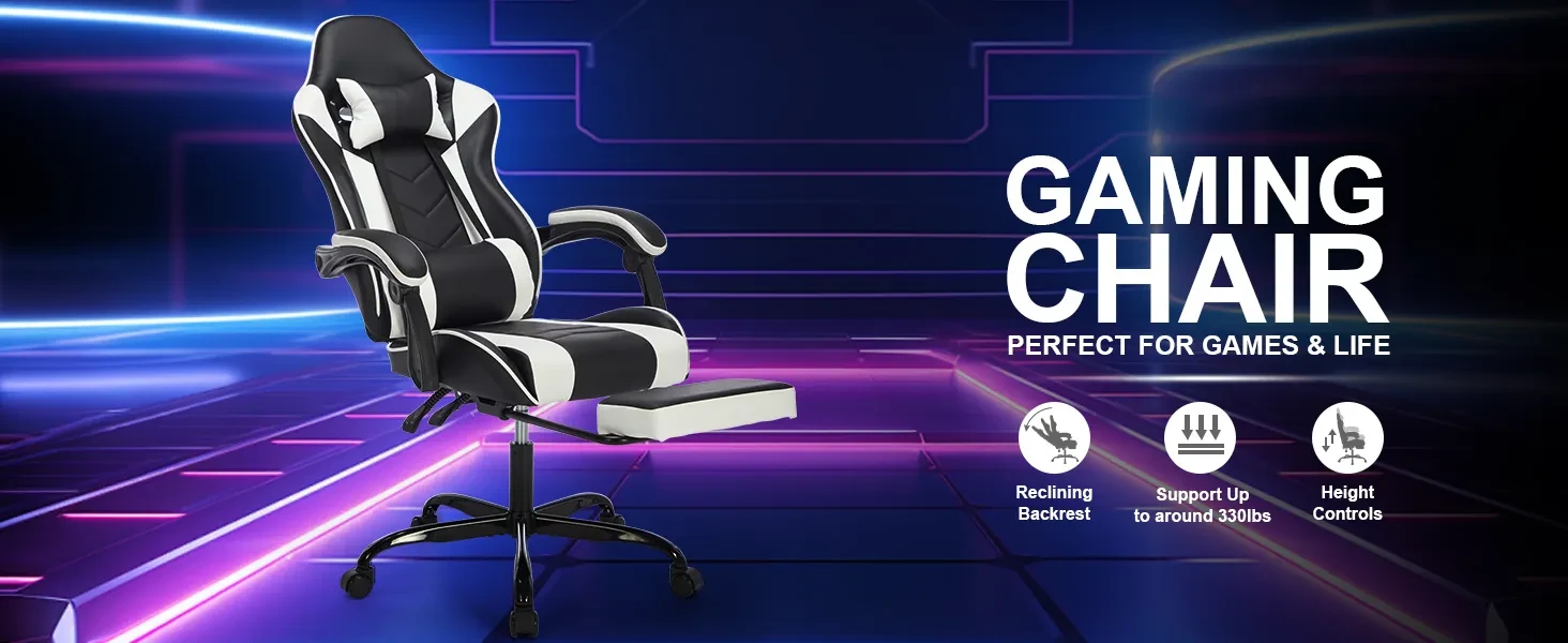 Gaming Chair With Footrest, Ergonomic Computer Chair With Headrest And Lumbar Support, Breathable Material Height Adjustable Video Game Chairs For Adults, Black White