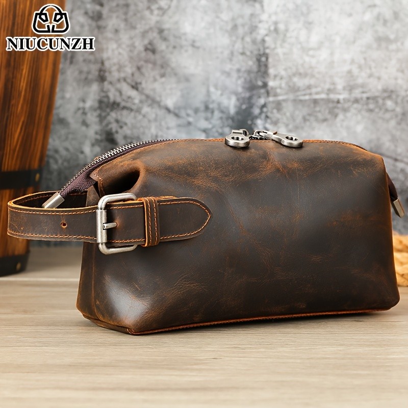 NIUCUNZH Men’s Vintage Multi-functional Genuine Leather Toiletry Bag – Stylish and Spacious for Travel, Grooming, and Everyday Essentials
