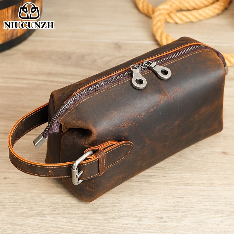 NIUCUNZH Men’s Vintage Multi-functional Genuine Leather Toiletry Bag – Stylish and Spacious for Travel, Grooming, and Everyday Essentials