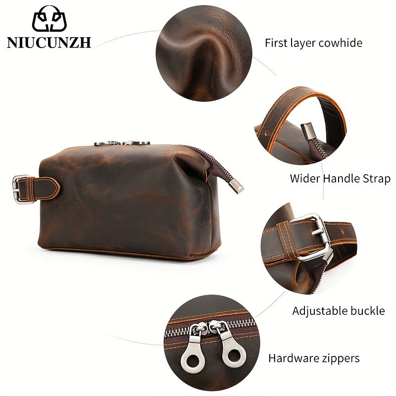 NIUCUNZH Men’s Vintage Multi-functional Genuine Leather Toiletry Bag – Stylish and Spacious for Travel, Grooming, and Everyday Essentials