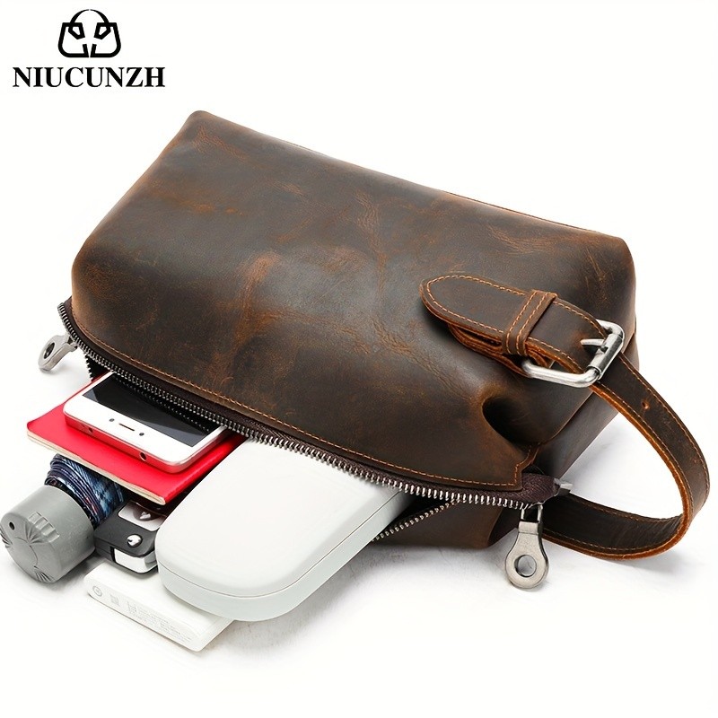 NIUCUNZH Men’s Vintage Multi-functional Genuine Leather Toiletry Bag – Stylish and Spacious for Travel, Grooming, and Everyday Essentials