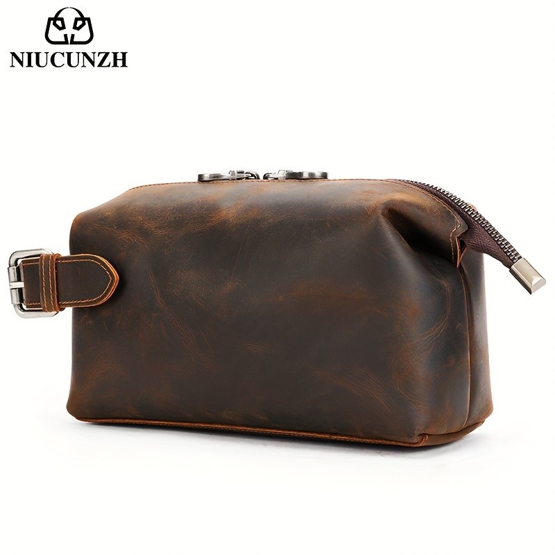NIUCUNZH Men’s Vintage Multi-functional Genuine Leather Toiletry Bag – Stylish and Spacious for Travel, Grooming, and Everyday Essentials