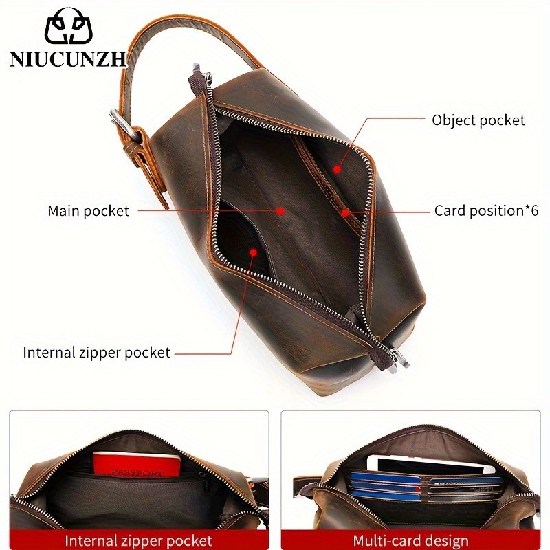 NIUCUNZH Men’s Vintage Multi-functional Genuine Leather Toiletry Bag – Stylish and Spacious for Travel, Grooming, and Everyday Essentials