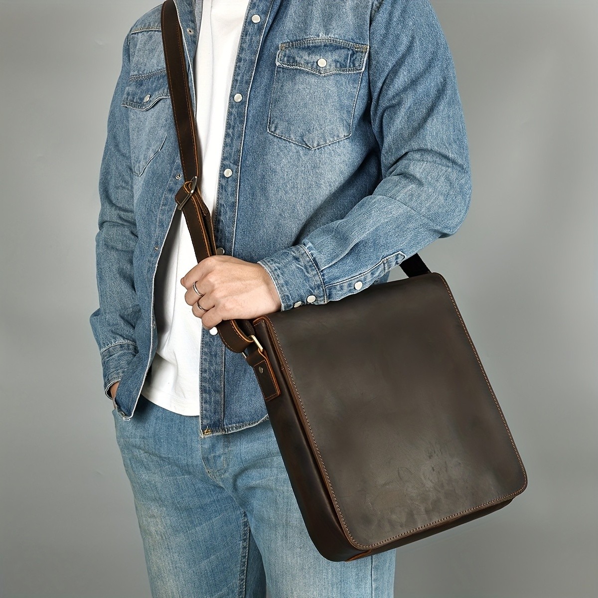 NIUCUNZH Men's Vintage Full-Genuine Crazy Horse Leather Satchel – Stylish, Durable, and Perfect for Outdoor Travel and Work