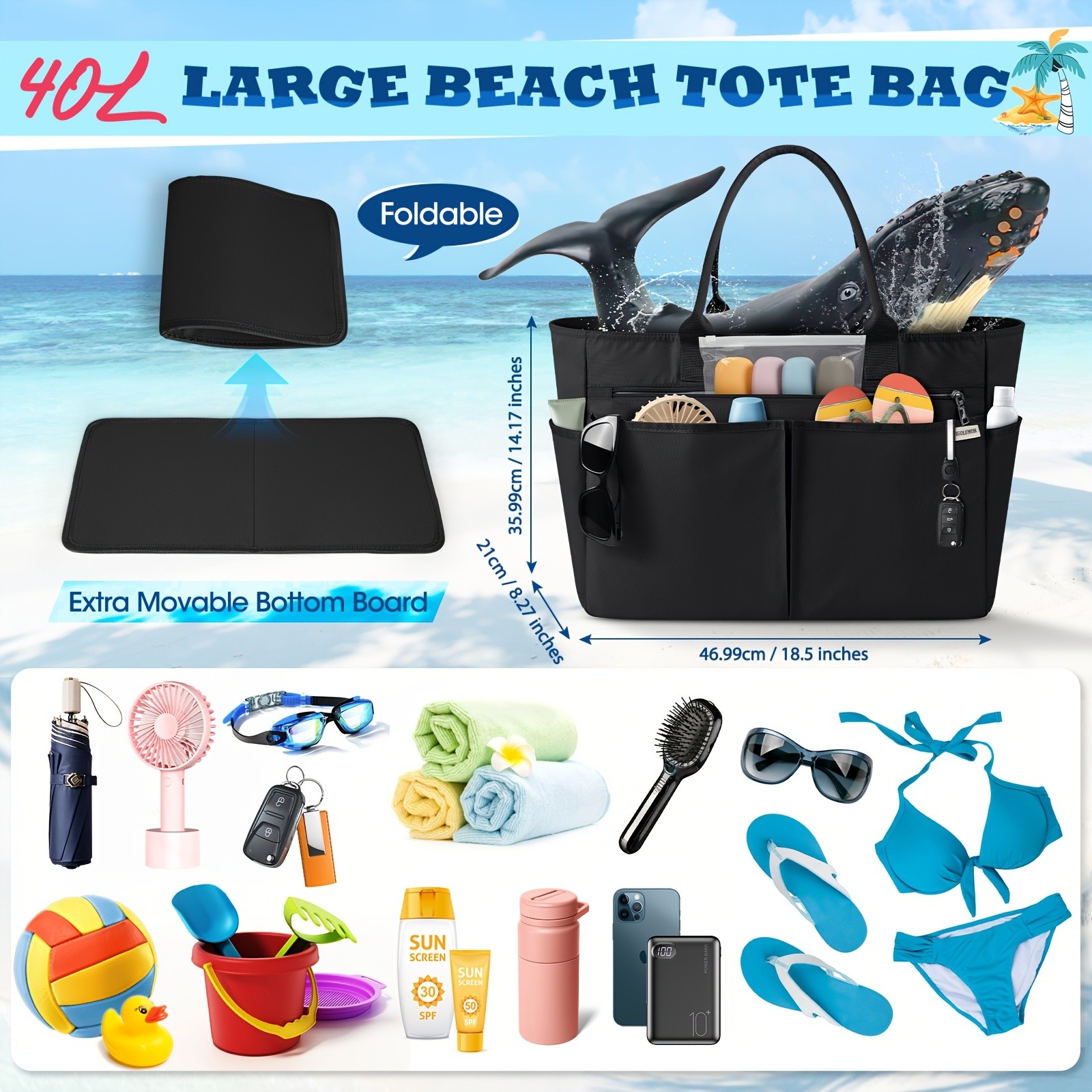 IGOLUMON 40L Tote Bag with Zipper – Spacious, Foldable, and Perfect for Beach, Travel, and Gym
