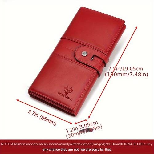 HUMERPAUL Women's Genuine Leather Wallet – Stylish Red Long Clutch with Multiple Card Slots and Zipper Pocket