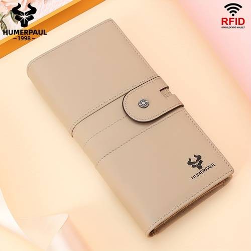 HUMERPAUL Women's Genuine Leather Wallet – Stylish Red Long Clutch with Multiple Card Slots and Zipper Pocket