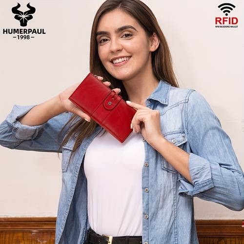 HUMERPAUL Women's Genuine Leather Wallet – Stylish Red Long Clutch with Multiple Card Slots and Zipper Pocket