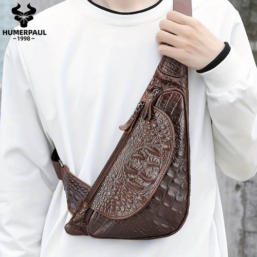 HUMERPAUL Men’s Genuine Leather Crossbody Bag – Stylish Alligator Pattern with Multi-Compartment Design for Daily Commute