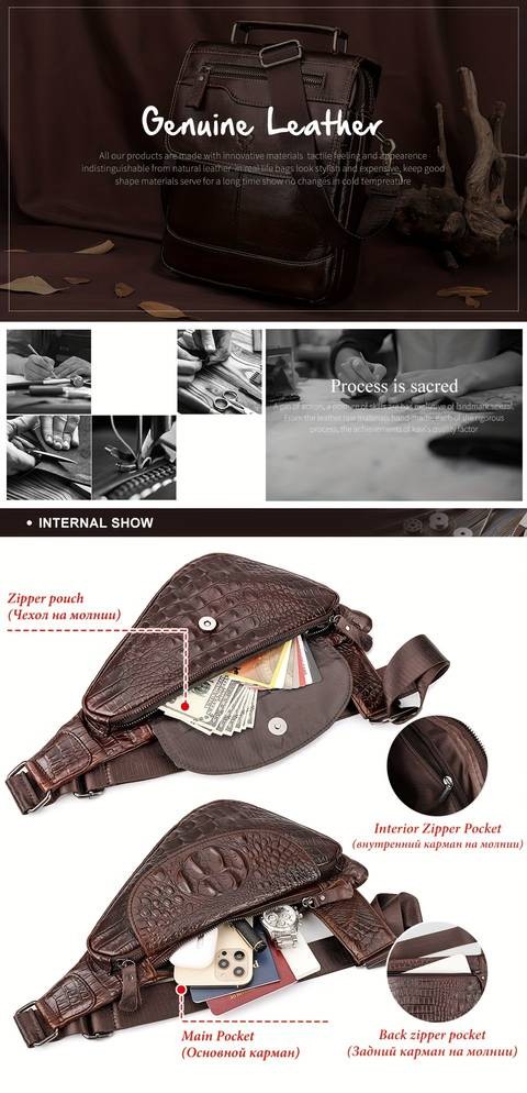 HUMERPAUL Men’s Genuine Leather Crossbody Bag – Stylish Alligator Pattern with Multi-Compartment Design for Daily Commute