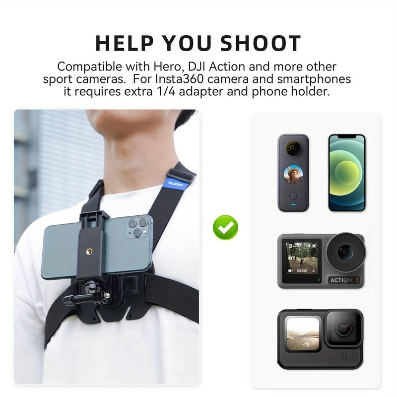 TELESIN Action Camera Chest Harness – Adjustable Strap for Insta360 X2/X3 & DJI Osmo 3 – Sturdy, Hands-Free Mount for Outdoor Adventures