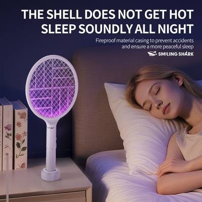 SMILING SHARK Electric Fly Swatter – 3-in-1 Bug Zapper Racket with Purple Trap Lamp