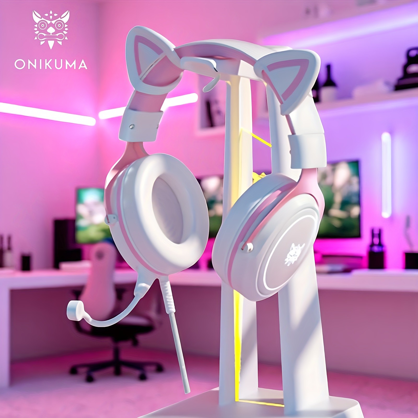 ONIKUMA 3.5mm Wired Gaming Headset – Panoramic Sound, Detachable Cat Ear Decor, and RGB Lighting