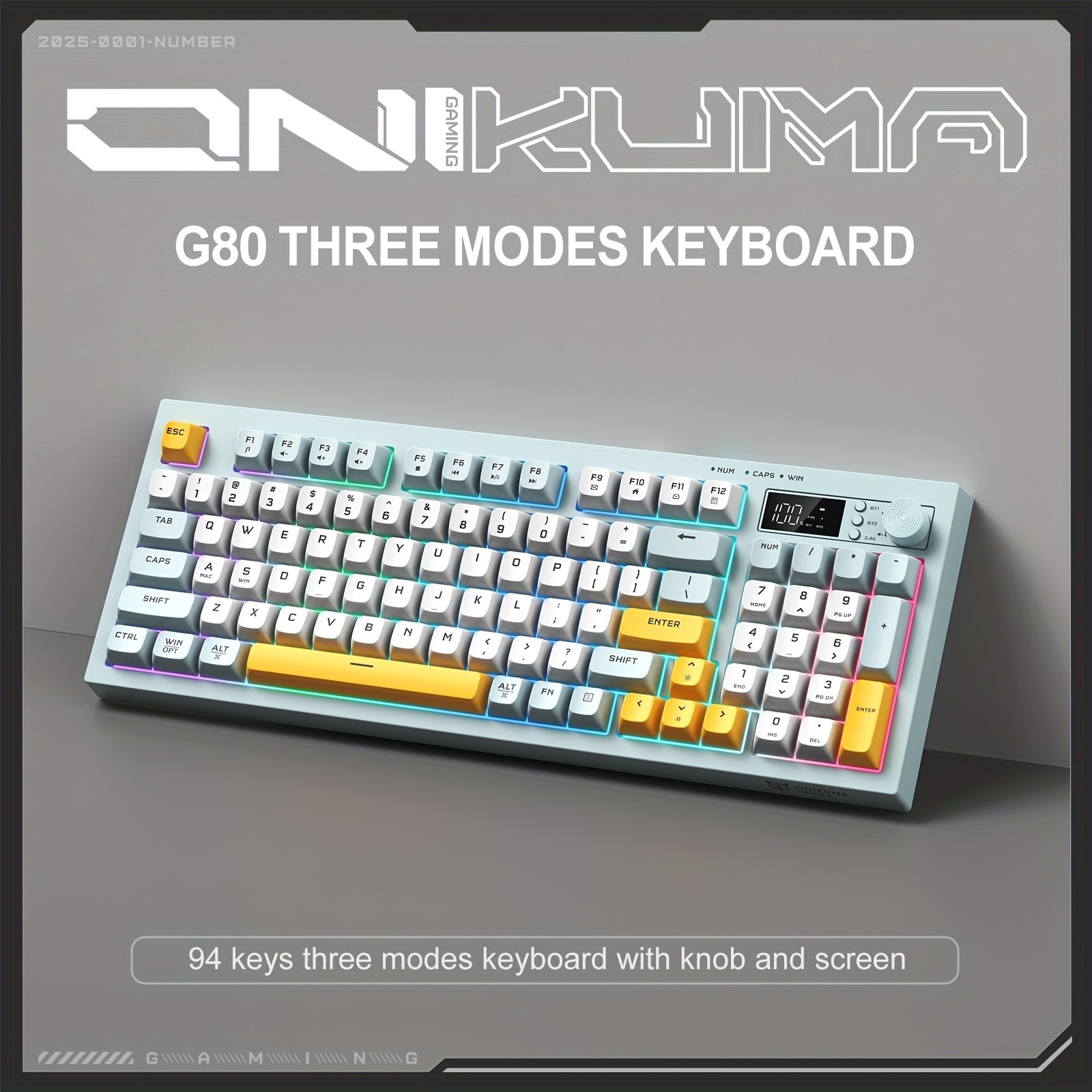 ONIKUMA Wireless Keyboard – 94 Membrane Keys, LCD Screen, Multi-Function Knob, Ergonomic Design