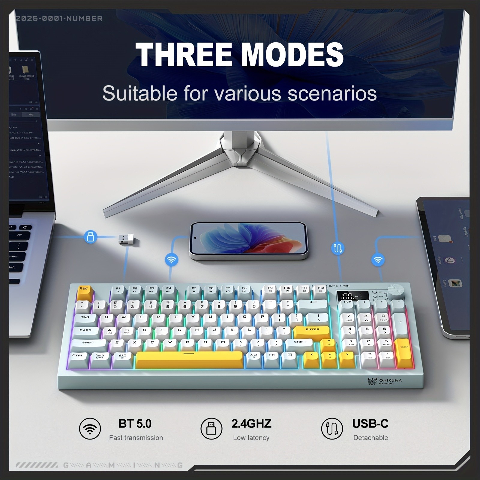 ONIKUMA Wireless Keyboard – 94 Membrane Keys, LCD Screen, Multi-Function Knob, Ergonomic Design