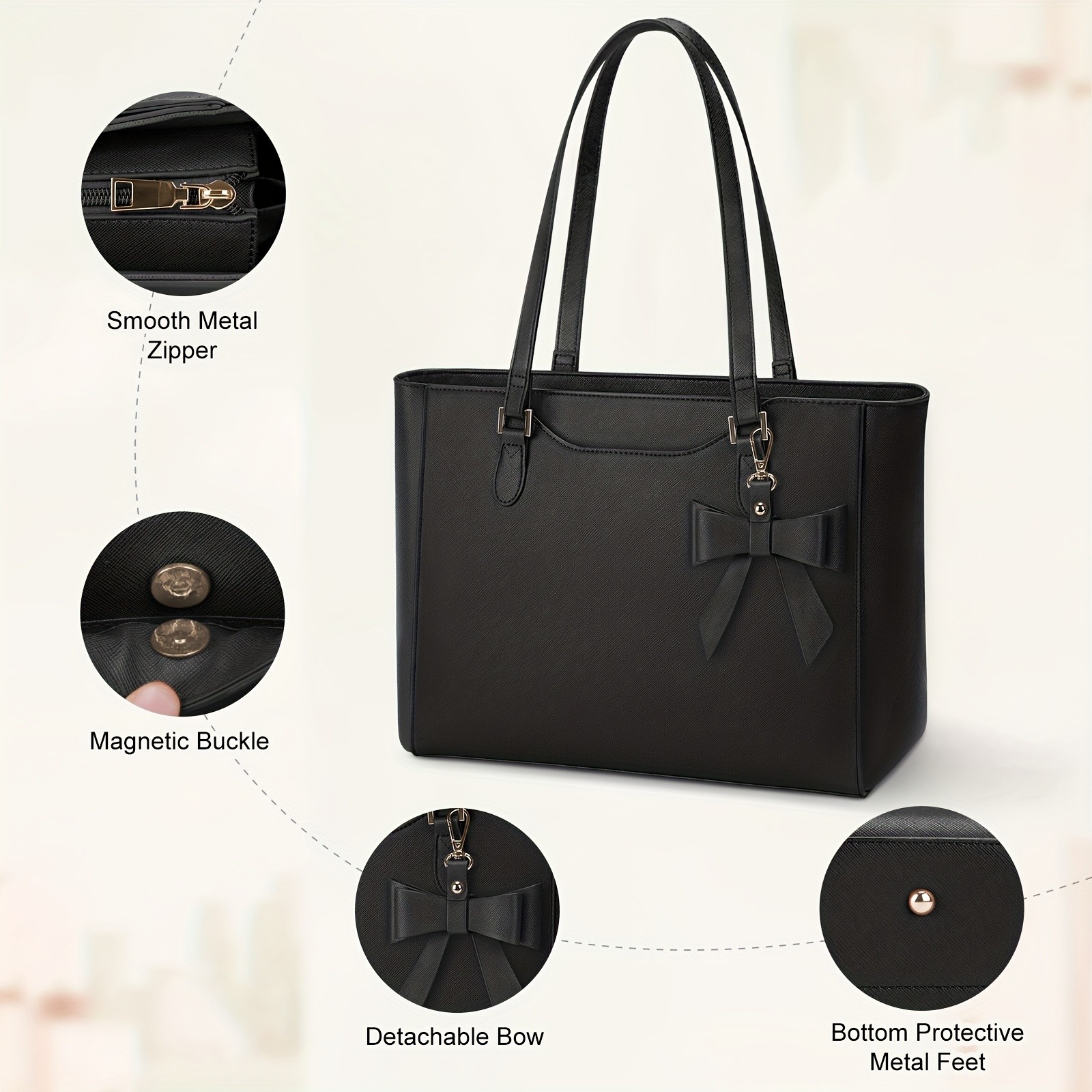 KTMOUW Laptop Bags for Women – Large Capacity Tote Bag, Job Hunting, A4 Support, Self-Supporting Design, Formal Shoulder Bag with Bow Tie