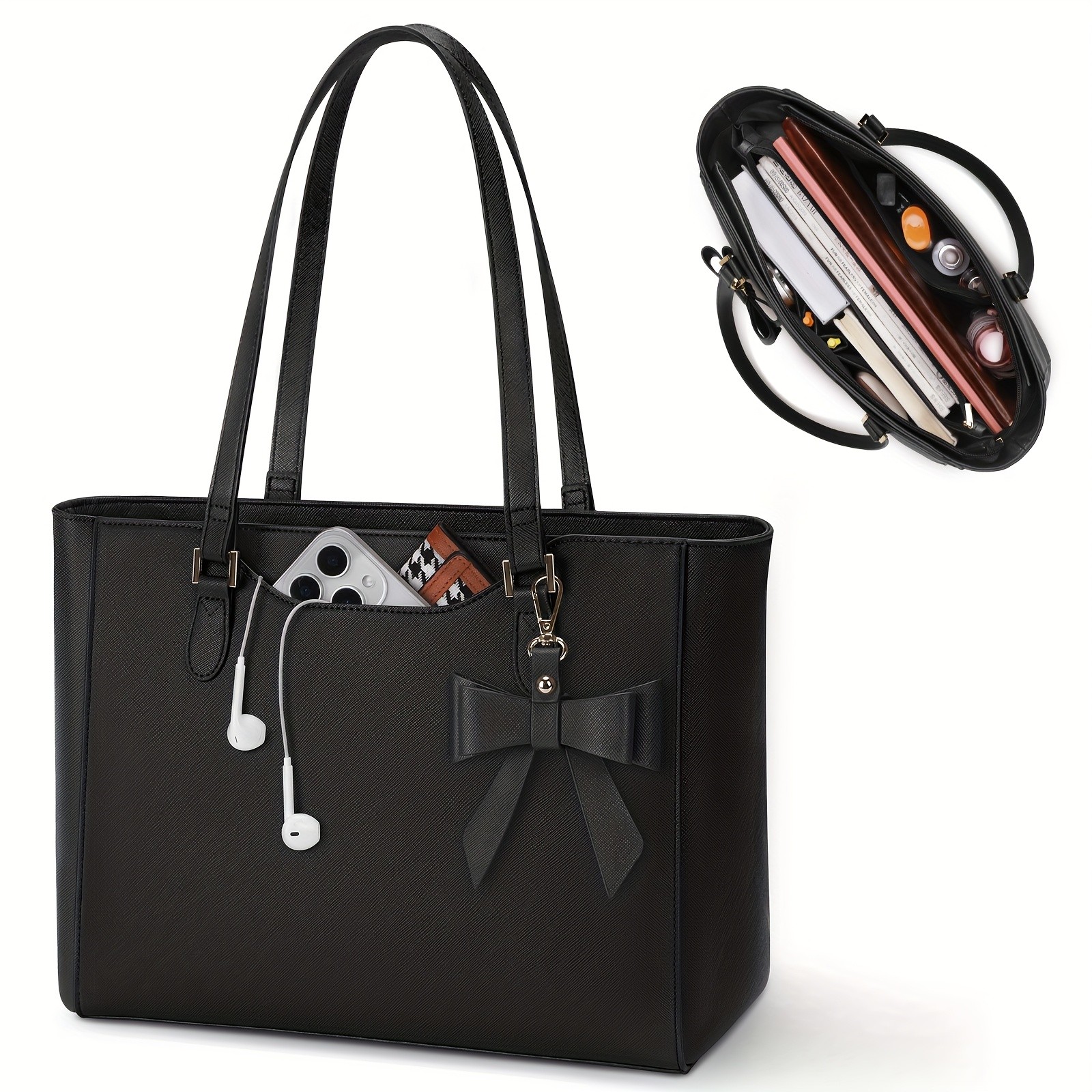 KTMOUW Laptop Bags for Women – Large Capacity Tote Bag, Job Hunting, A4 Support, Self-Supporting Design, Formal Shoulder Bag with Bow Tie