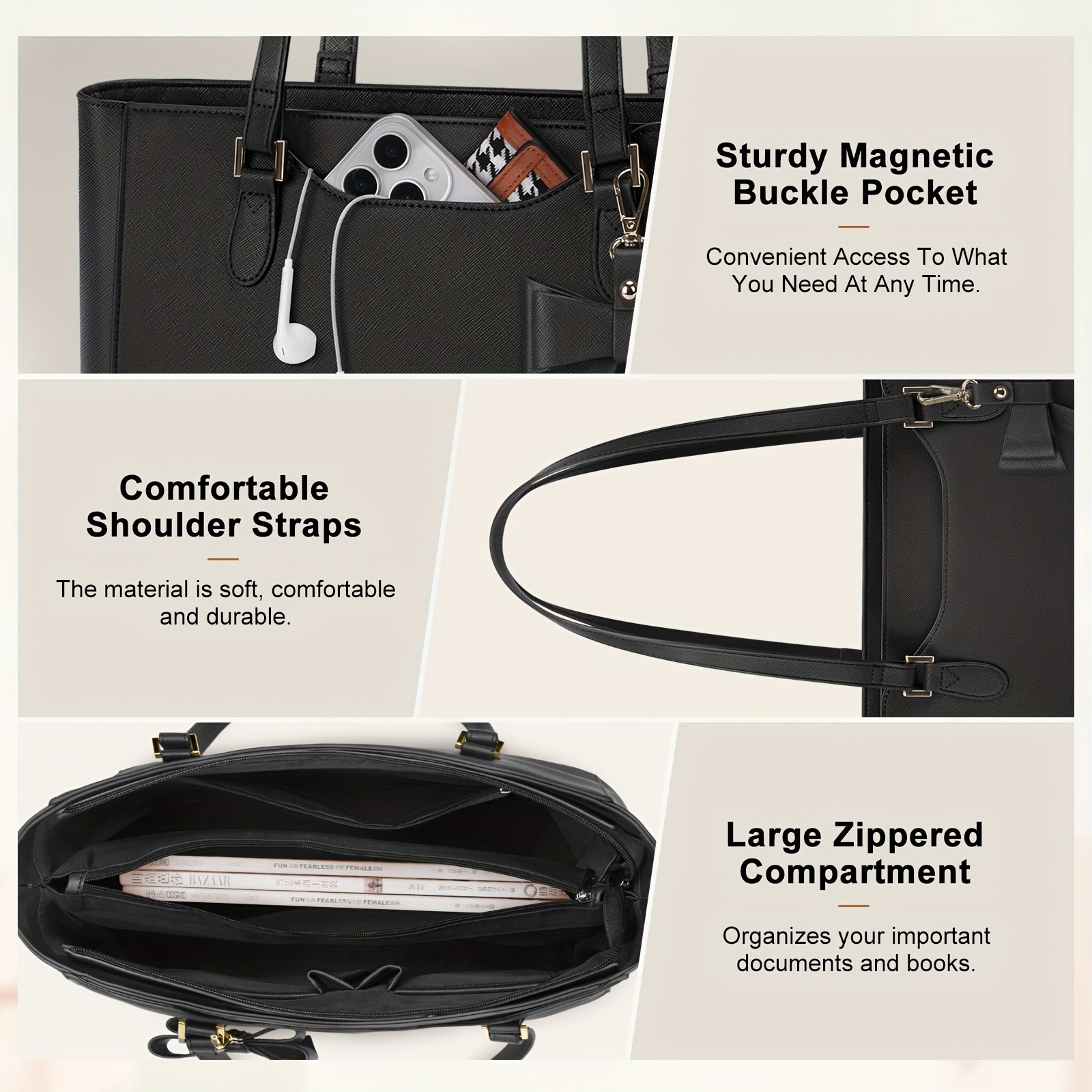 KTMOUW Laptop Bags for Women – Large Capacity Tote Bag, Job Hunting, A4 Support, Self-Supporting Design, Formal Shoulder Bag with Bow Tie