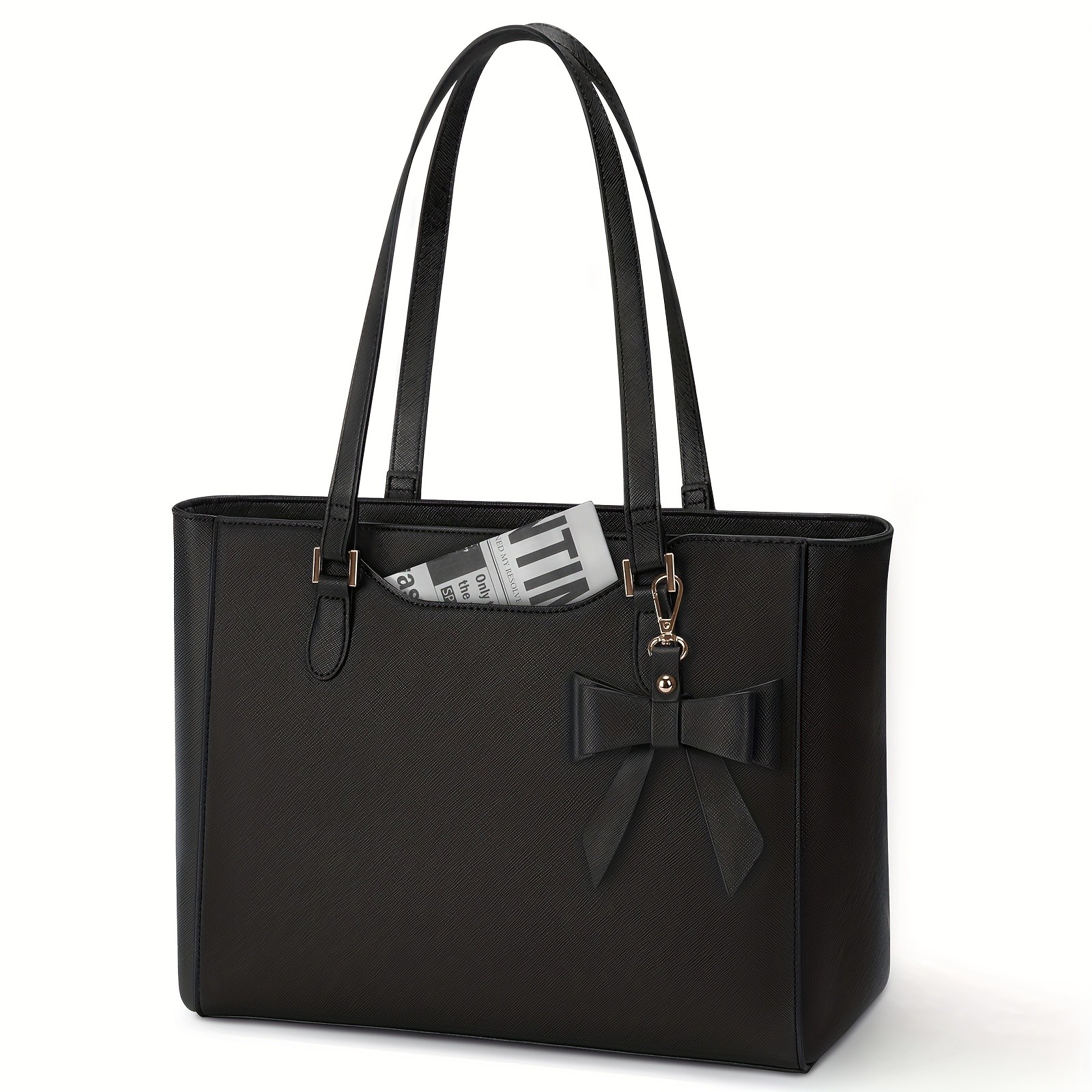 KTMOUW Women’s Large Capacity Tote Bag – 14-Inch Laptop Bag, Golden-Tone Hardware, Black Bow Accent, Zipper Closure