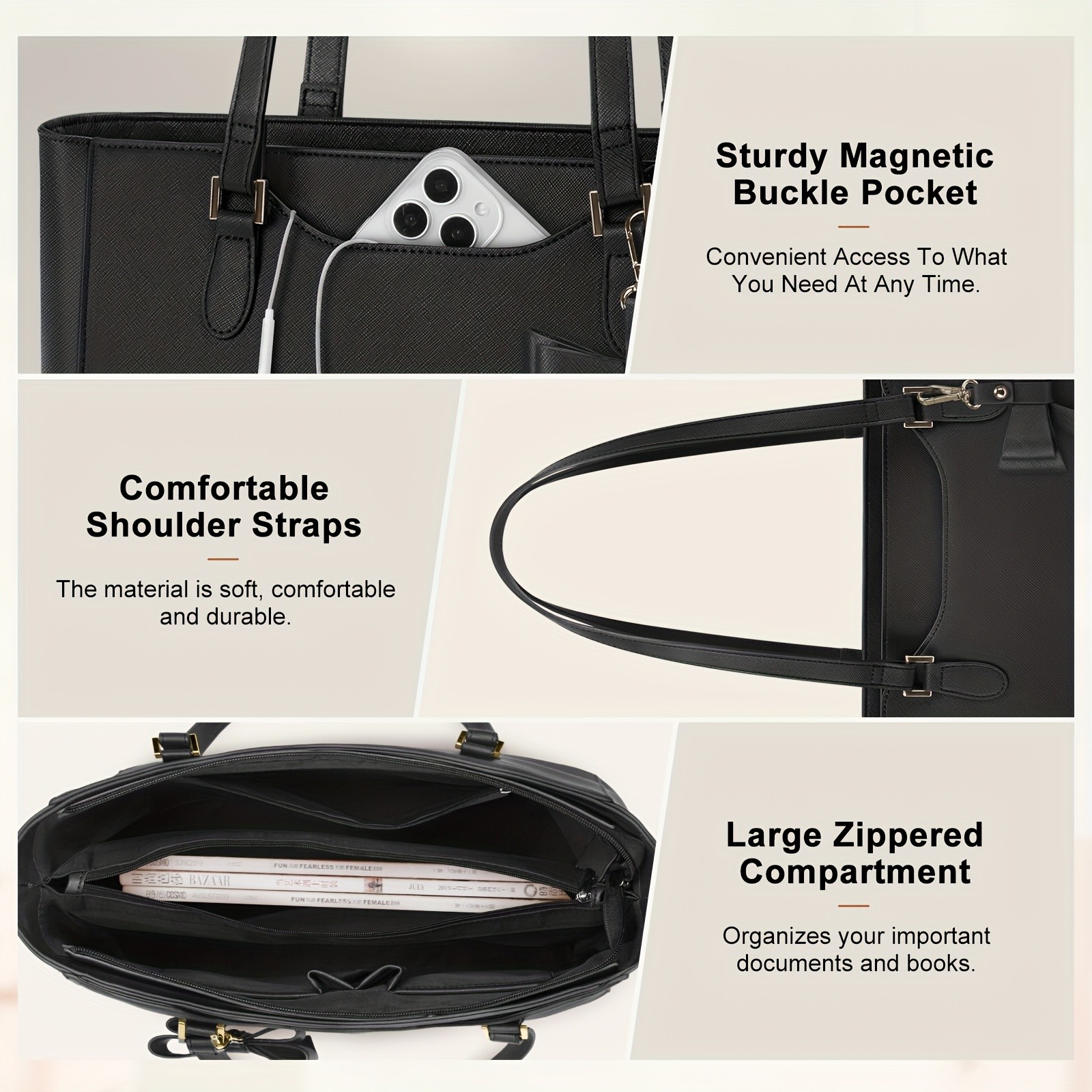 KTMOUW Women’s Large Capacity Tote Bag – 14-Inch Laptop Bag, Golden-Tone Hardware, Black Bow Accent, Zipper Closure