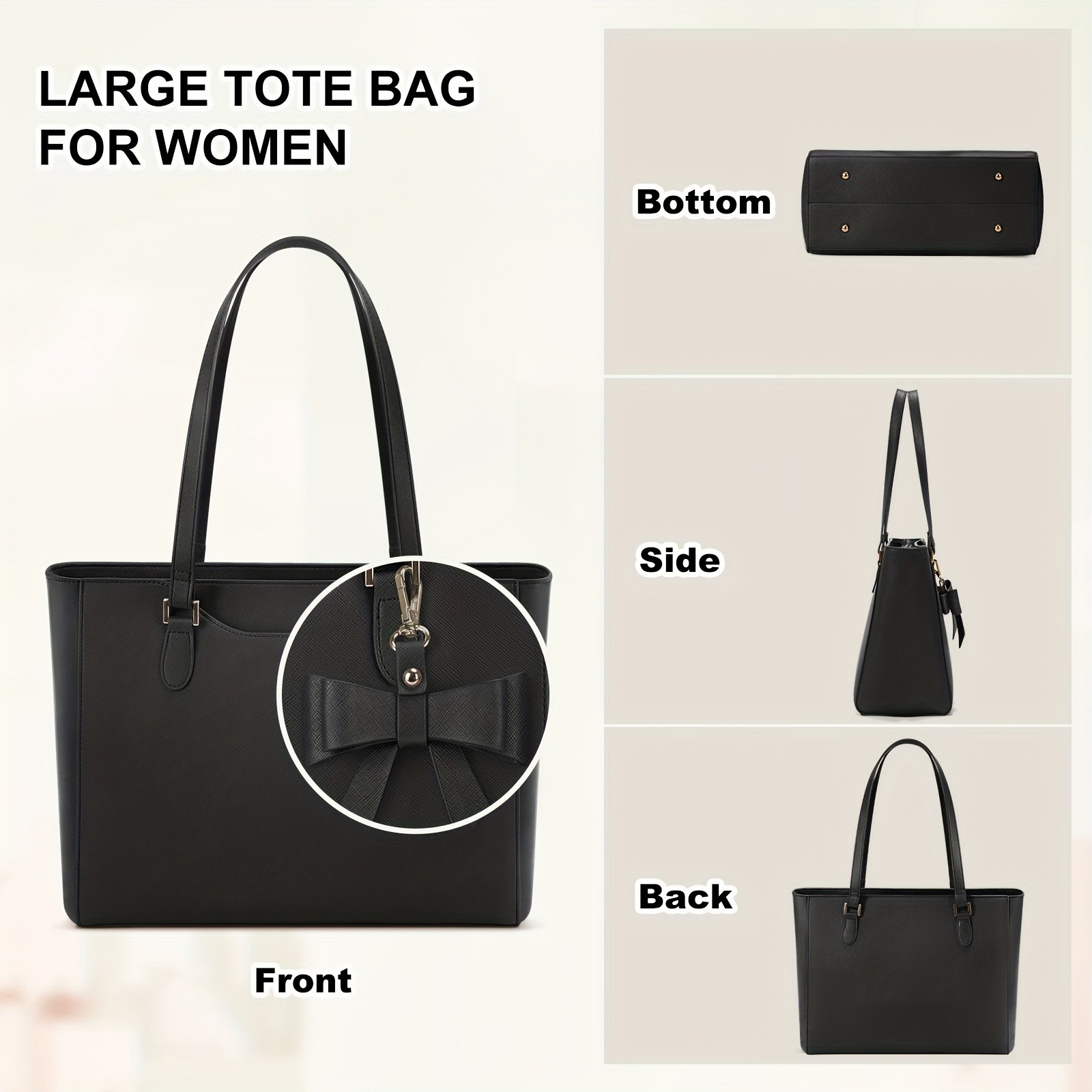 KTMOUW Women’s Large Capacity Tote Bag – 14-Inch Laptop Bag, Golden-Tone Hardware, Black Bow Accent, Zipper Closure