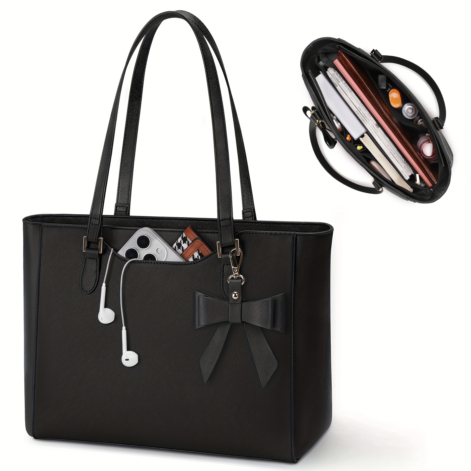 KTMOUW Women’s Large Capacity Tote Bag – 14-Inch Laptop Bag, Golden-Tone Hardware, Black Bow Accent, Zipper Closure