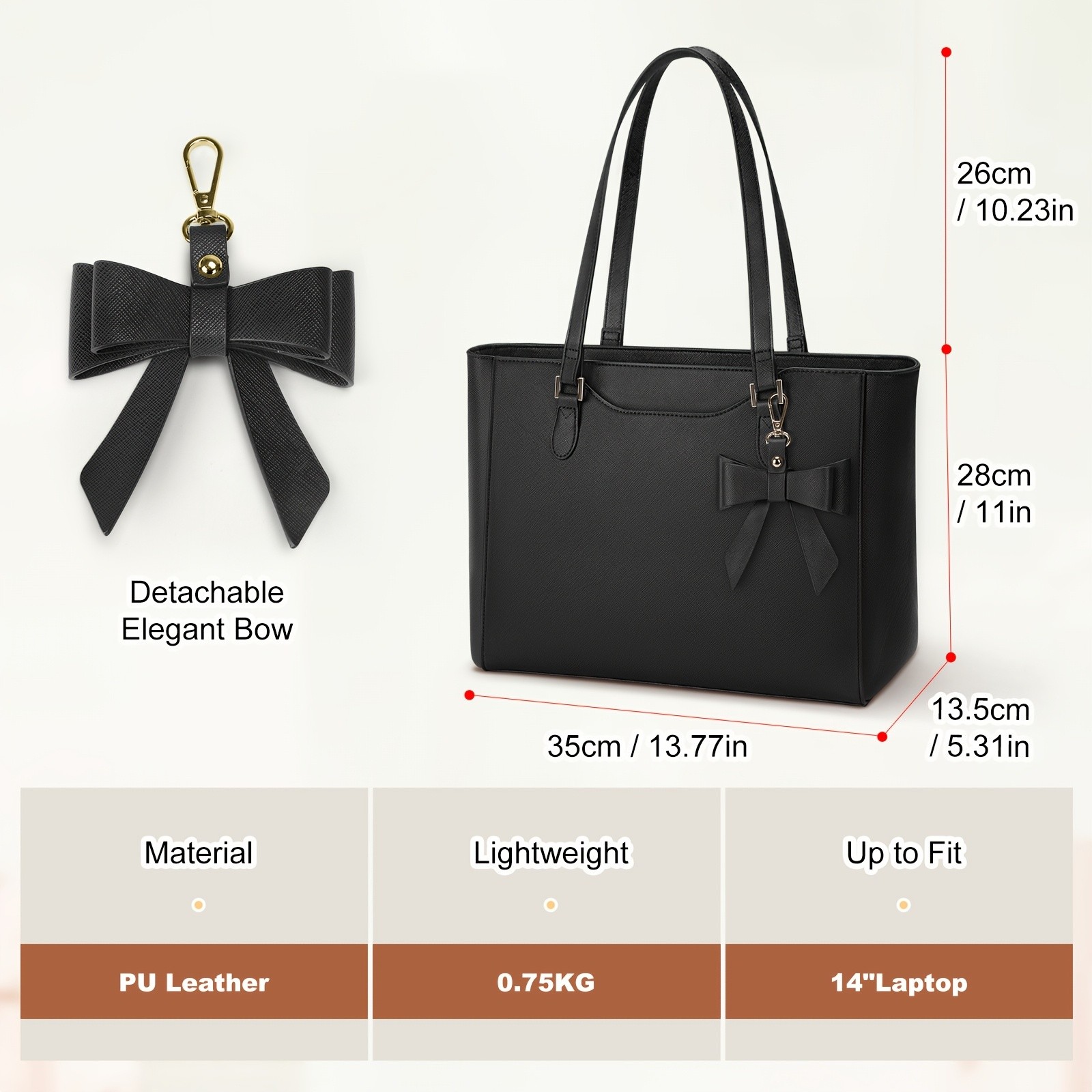 KTMOUW Women’s Large Capacity Tote Bag – 14-Inch Laptop Bag, Golden-Tone Hardware, Black Bow Accent, Zipper Closure