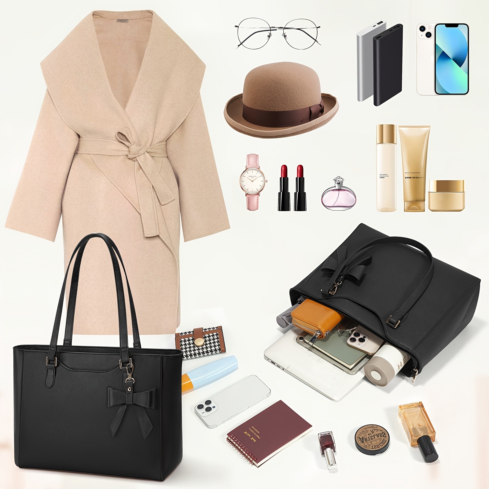 KTMOUW Women’s Large Capacity Tote Bag – 14-Inch Laptop Bag, Golden-Tone Hardware, Black Bow Accent, Zipper Closure