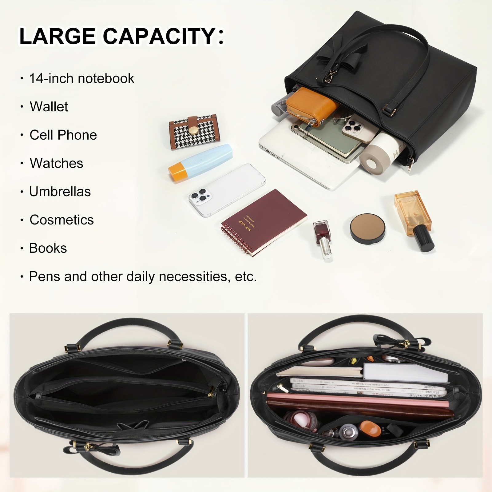 KTMOUW Women’s Large Capacity Tote Bag – 14-Inch Laptop Bag, Golden-Tone Hardware, Black Bow Accent, Zipper Closure