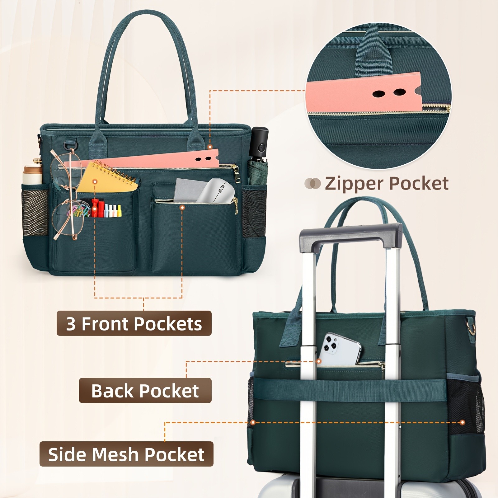 KTMOUW Laptop Bag for Women – Stylish Dark Green Tote, Adjustable Strap, Zipper Closure, Ideal for Teachers & Professionals