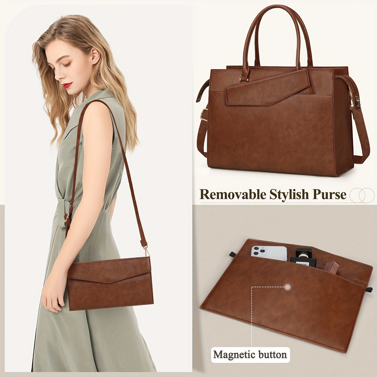 KTMOUW Laptop Bag for Women – 39.62 cm PU Leather Tote Bag 2pcs Set – Professional Work Bag with Clutch Purse, Large Office Computer Bag, Teacher Bag