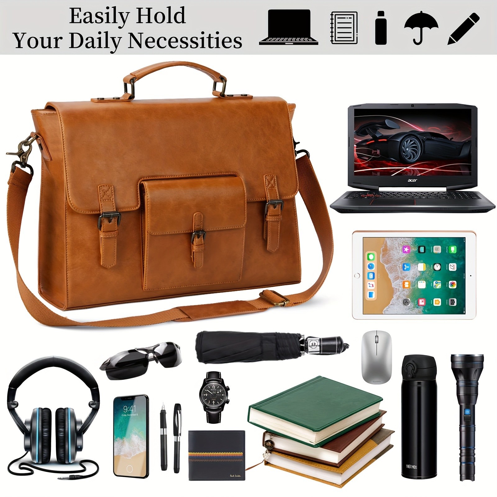 KTMOUW Men’s Retro Brown Faux Leather Laptop Backpack – 39.62cm Laptop Bag, Adjustable Strap, Durable Zippers, Office & Travel Bag