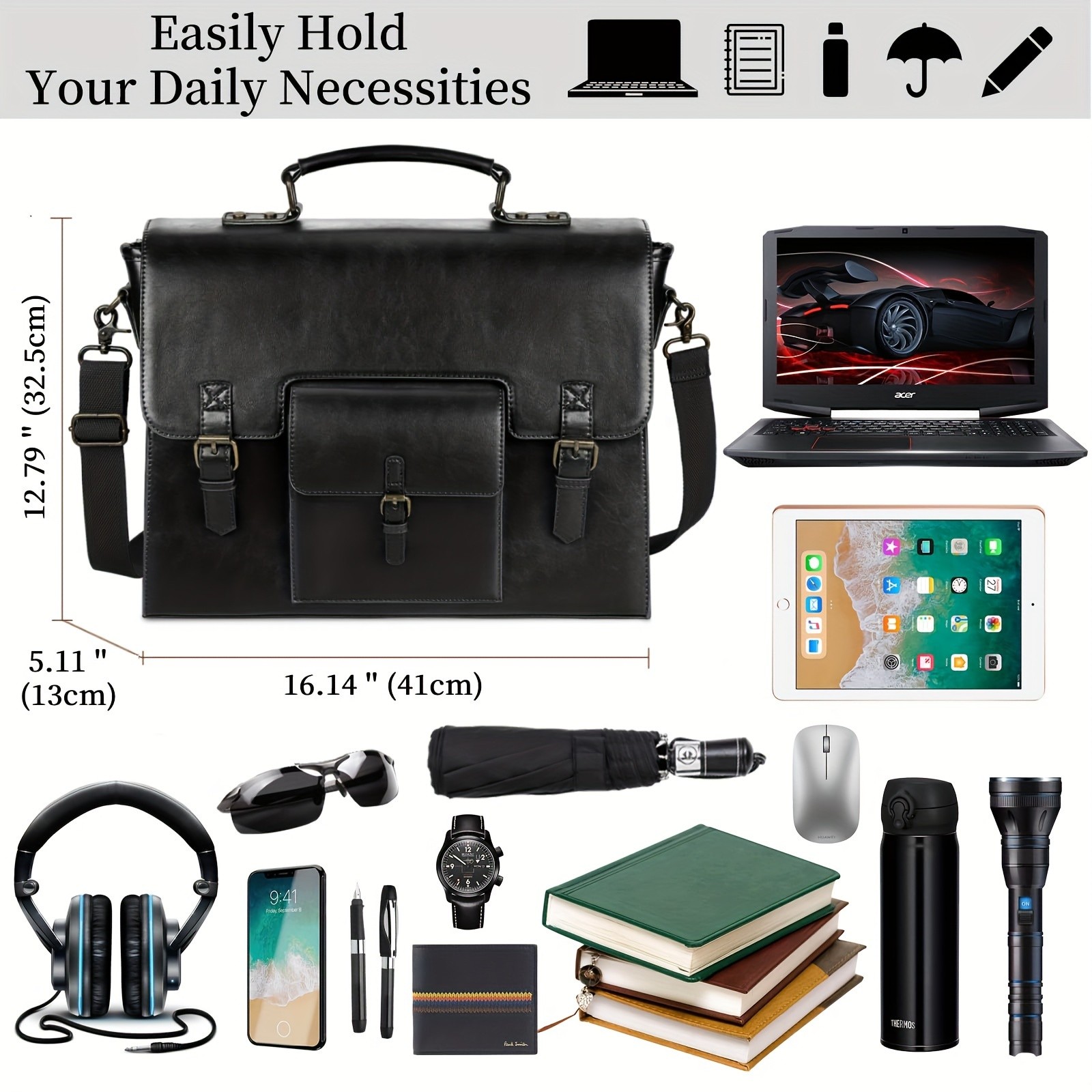 KTMOUW Men’s Vintage Briefcase – 39.62cm Laptop Messenger Bag, Adjustable Shoulder Strap, Zipper Closure, Office & Travel Use