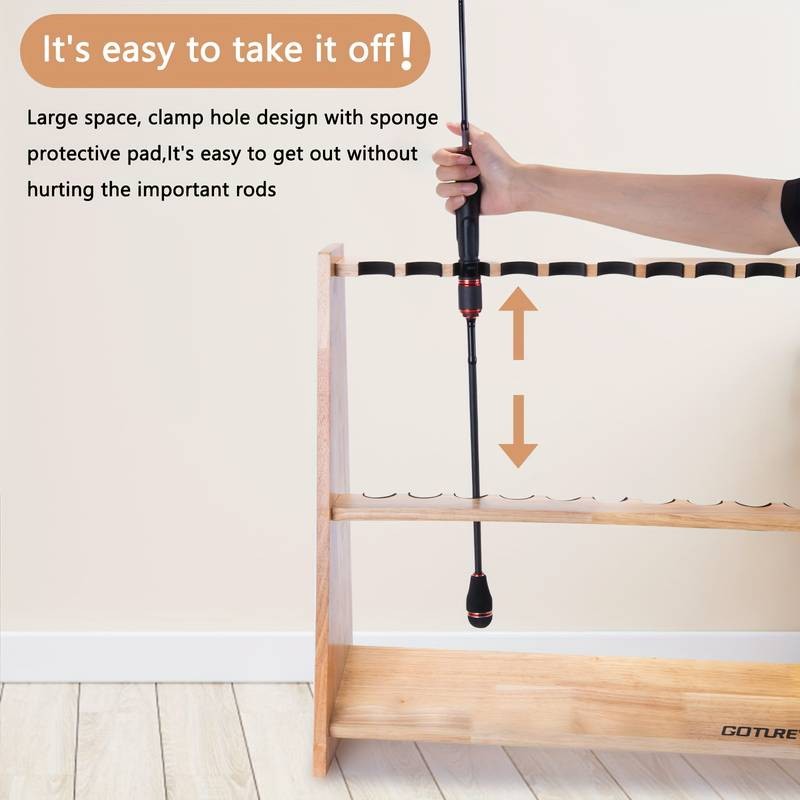 Goture 1pc Wooden 10-Hole Fishing Rod Holder with Sponge Clamp Design – Durable Storage Solution for Your Fishing Gear