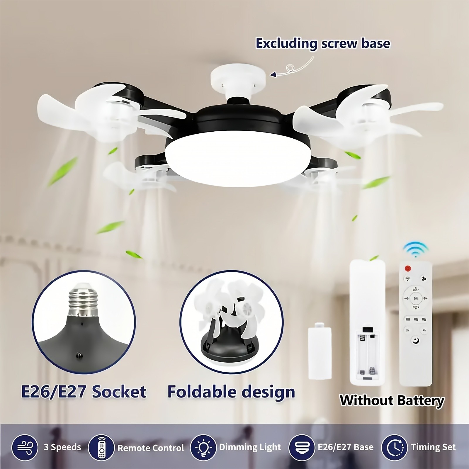 XBATE 50.04cm/44.96cm E27 Drone Ceiling Fan with Light & Remote Control