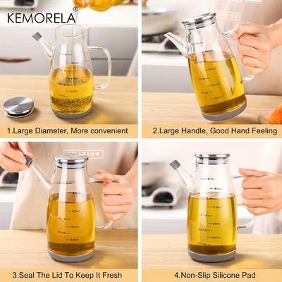 KEMORELA Glass Oil Dispenser with Stainless Steel Lid – Leakproof, Non-Slip, and Perfect for Oil, Vinegar, and Salad Dressing