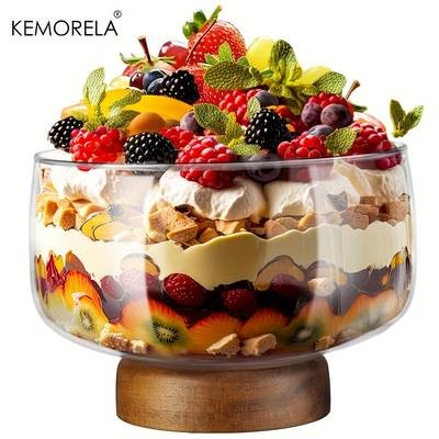 KEMORELA Large Glass Cake Bowl with Elegant Wooden Stand – The Perfect Display for Cakes, Desserts, and More