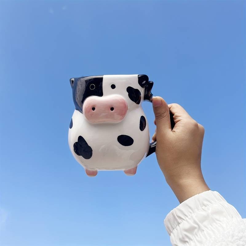 1pc Handmade Cow-Shaped Ceramic Mug with Black & White Cow & Pink Ears – A Fun and Functional Gift for Animal Lovers