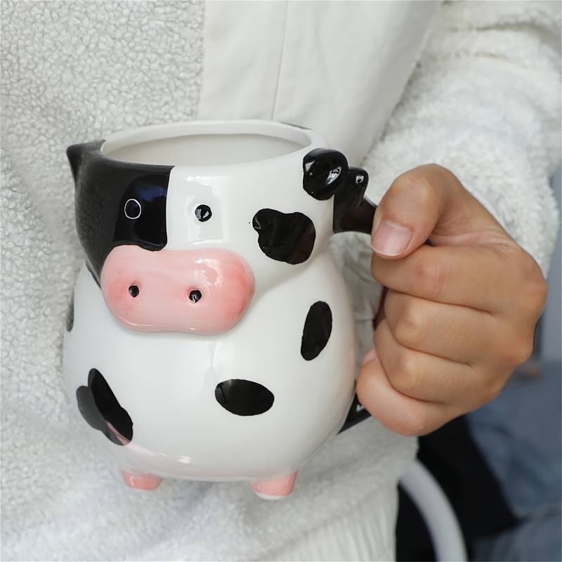 1pc Handmade Cow-Shaped Ceramic Mug with Black & White Cow & Pink Ears – A Fun and Functional Gift for Animal Lovers
