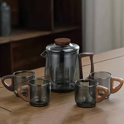 1set Luxury Smoke Grey Glass Tea Set – Elegant and Functional Teapot and Cup Set for Family Use and Special Occasions