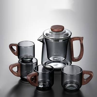 1set Luxury Smoke Grey Glass Tea Set – Elegant and Functional Teapot and Cup Set for Family Use and Special Occasions