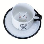 1pc 200ml/6.7oz Japanese Lovely Ceramic Hidden 3D Cat Inside Cup and Saucer – A Whimsical and Practical Gift for Cat Lovers