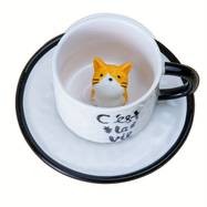 1pc 200ml/6.7oz Japanese Lovely Ceramic Hidden 3D Cat Inside Cup and Saucer – A Whimsical and Practical Gift for Cat Lovers