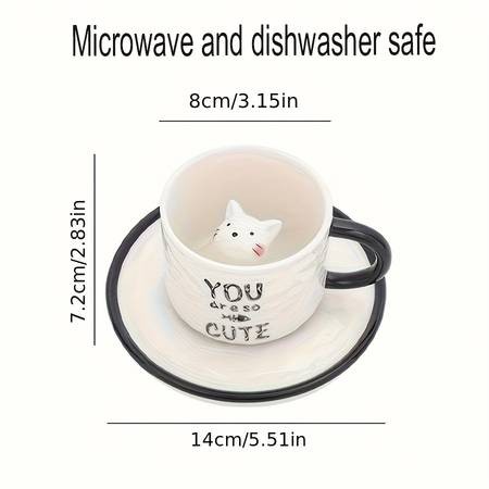 1pc 200ml/6.7oz Japanese Lovely Ceramic Hidden 3D Cat Inside Cup and Saucer – A Whimsical and Practical Gift for Cat Lovers