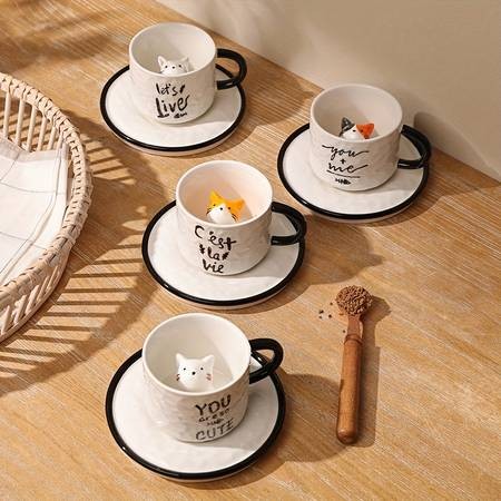 1pc 200ml/6.7oz Japanese Lovely Ceramic Hidden 3D Cat Inside Cup and Saucer – A Whimsical and Practical Gift for Cat Lovers