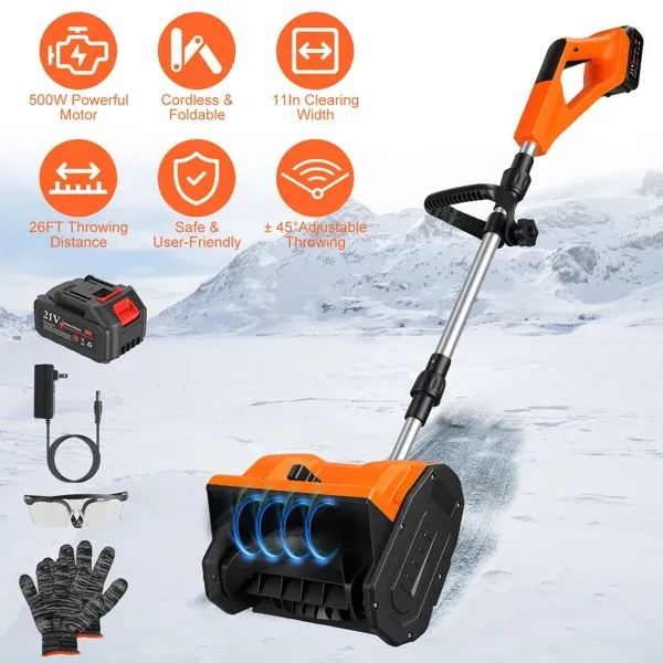 500W Cordless Snow Shovel - 11in Wide 6.3in Deep, 26ft Snow Throwing, ±45° Rotatable Guide Plates, 40 Mins Runtime, Foldable Lightweight (7.5lbs) For Driveway/Patio/Steps With Safety Gloves & Goggles