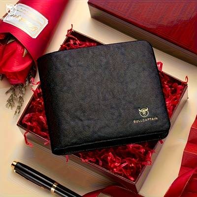 BULLCAPTAIN Custom Men’s Genuine Leather Wallet – Luxury Business Style with Golden-Tone Hardware and Large Capacity
