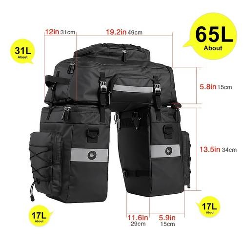 Rhinowalk 65L Large Capacity 3-in-1 Bicycle Pannier Bag – Adjustable Straps, Multiple Compartments, and Side Pouch for Bikepacking & Commuting